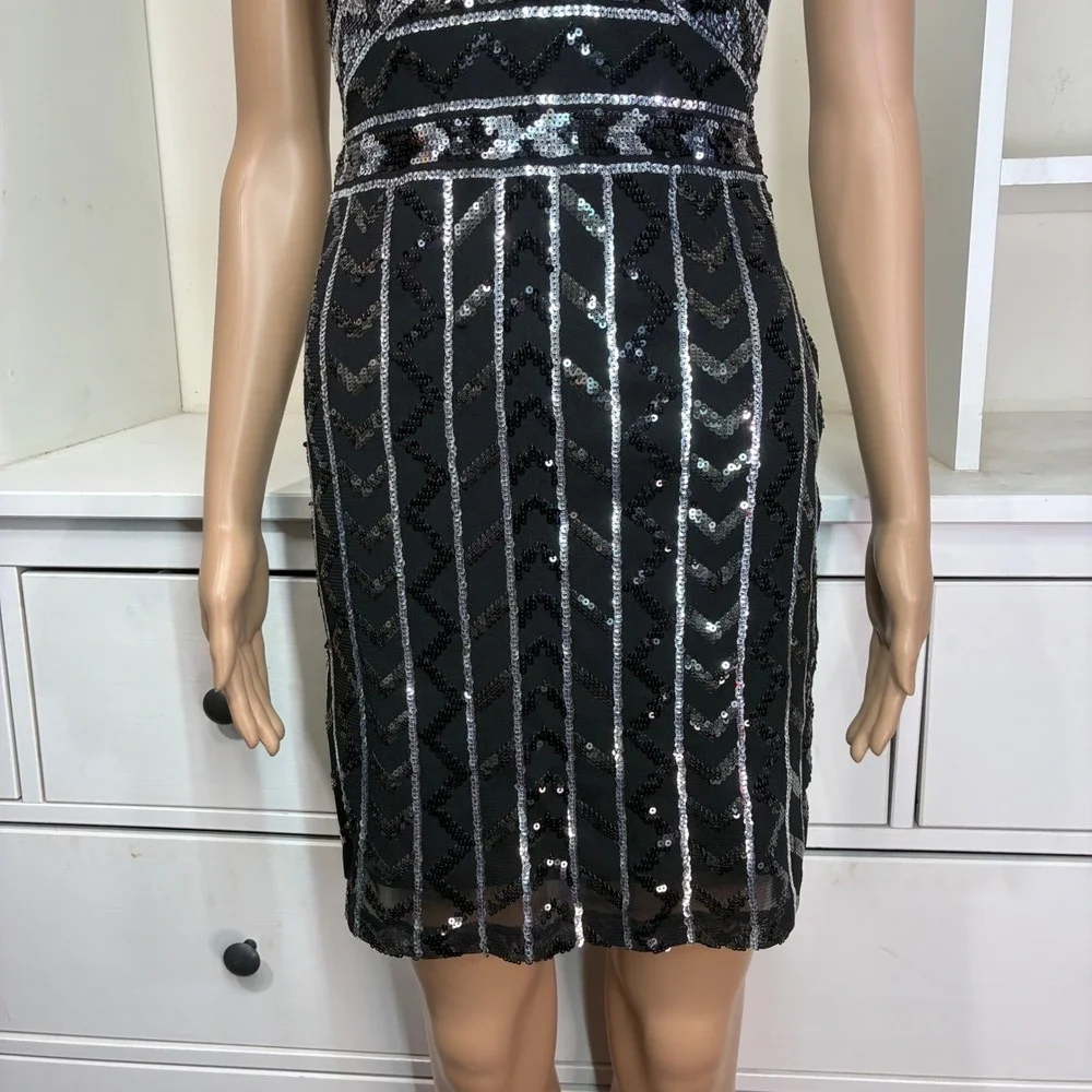 EXPRESS Black Sequin V Neck Spaghetti Strap Mini Dress